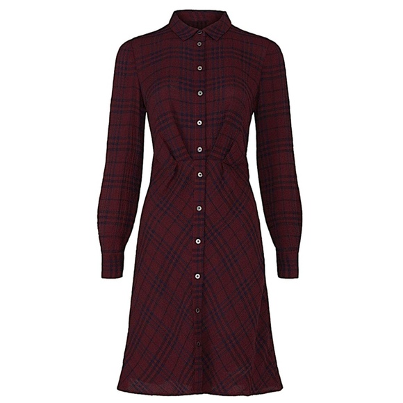 THAKOON COLLECTIVE Crinkle Crepe Plaid Dark Academia ShirtDress Maroon Designer - Picture 3 of 14